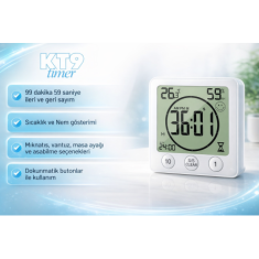 KT9 Vantuzlu ve Mıknatıslı Çok Fonksiyonlu Zamanlayıcı | Isı, Nem ve Saat Göstergeli
