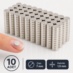 7x1.5 mm Yuvarlak Neodyum Mıknatıs | Güçlü Disk Magnet | Nikel Kaplamalı | 10 Adet