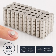 7x1.5 mm Yuvarlak Neodyum Mıknatıs | Güçlü Disk Magnet | Nikel Kaplamalı | 20 Adet